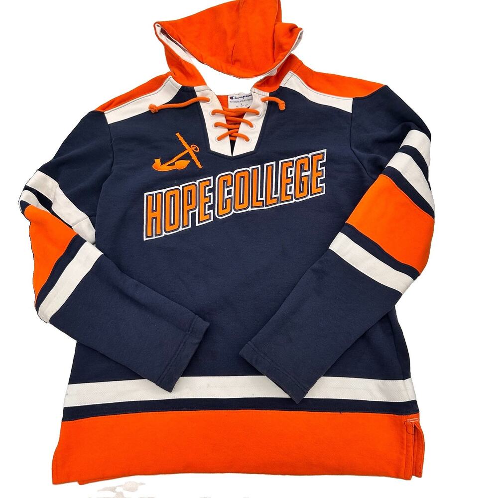 Champion Hope College Hockey Hoodie Orange Blue Lace Up Sweatshirt Mens L